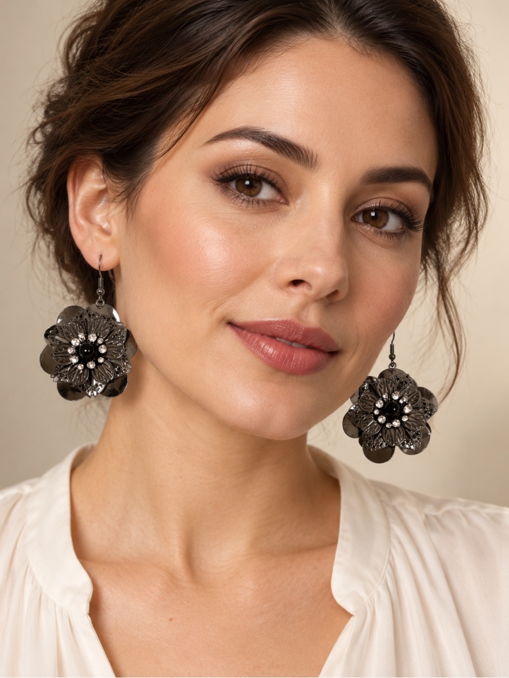 Statement Floral Drop Earrings in Gunmetal